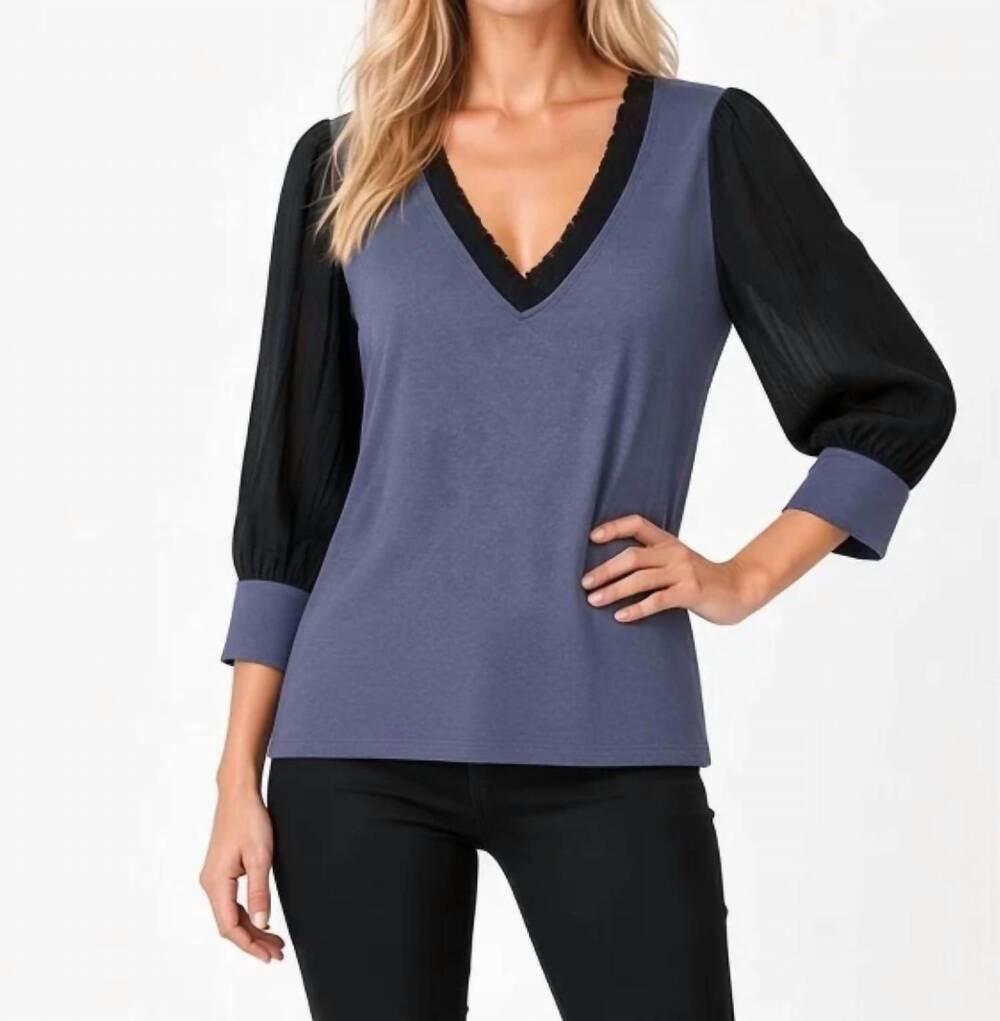 NEW MAVEN WEST 3/4 sleeve mixed media top in navy